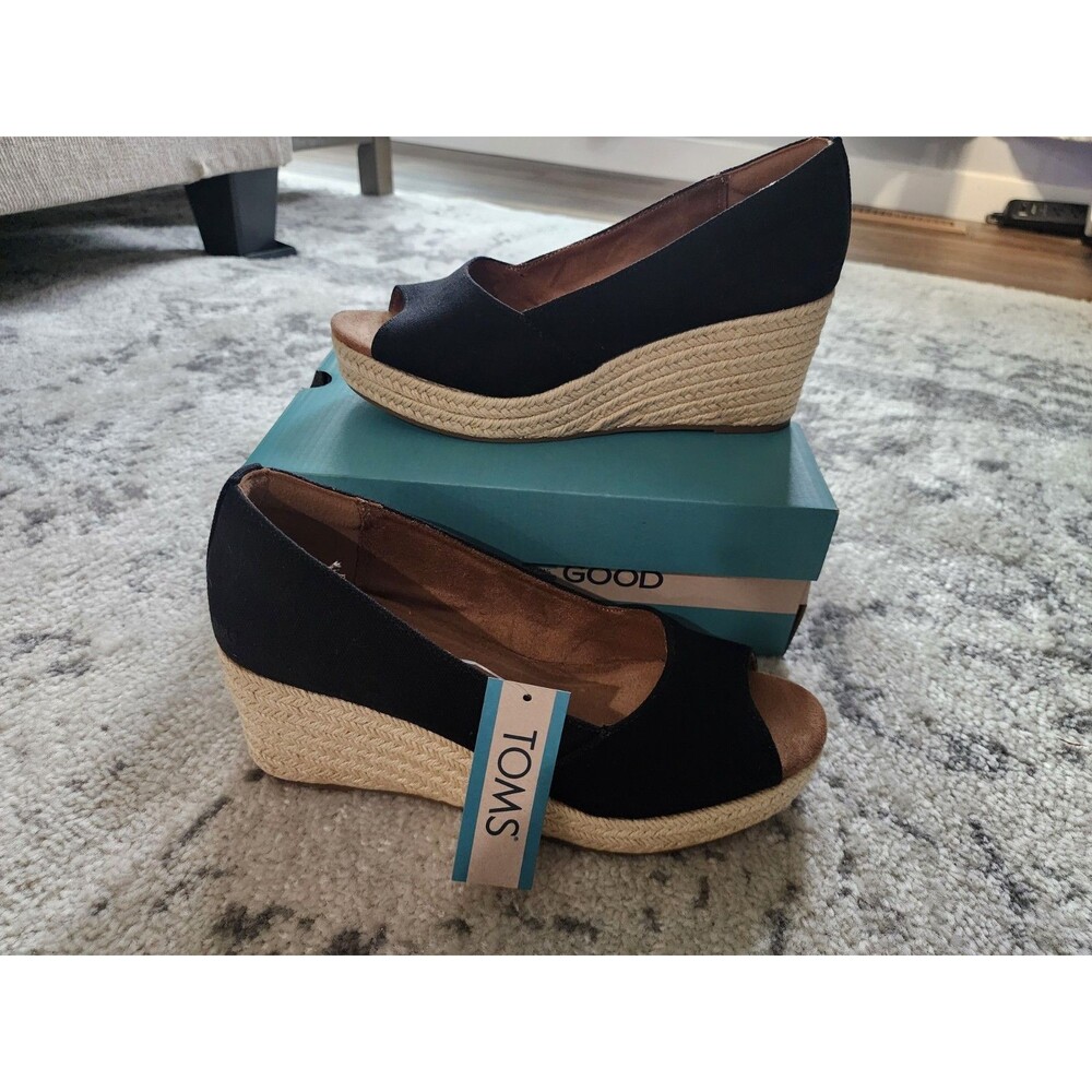 Toms Womens Rania Black Beige Peep Toe Slip-On Espadrille Sandals Size 8 w/ Tags